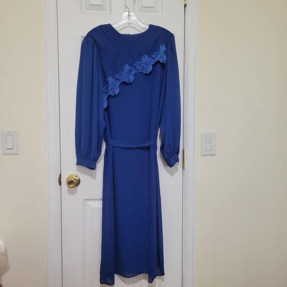Vintage Toni Todd Royal Blue Floral Applique Midi Dress‎ Long Sleeve Belted USA